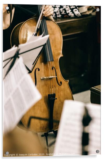 Violoncello held by a musician during a break at a classical music concert. Acrylic by Joaquin Corbalan