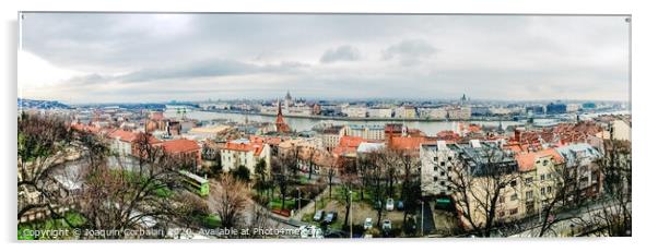 Overview of the Danube river as it passes through the European city of Budapest, Hungary, with Parliament in the background. Acrylic by Joaquin Corbalan