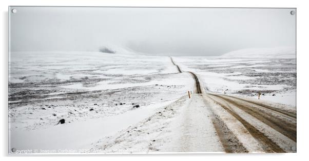 Road trip secondary with snow without anyone driving through Iceland Acrylic by Joaquin Corbalan