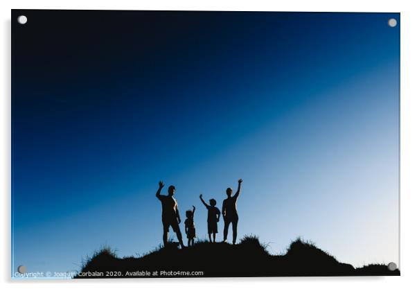 Silhouette of a happy family on top of a hill waving at sunset. Acrylic by Joaquin Corbalan