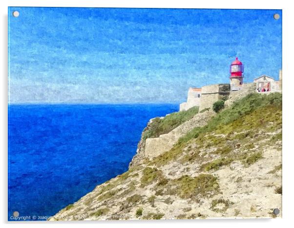 Lighthouse on top of a cliff overlooking the blue ocean on a sunny day, painted in oil on canvas. Acrylic by Joaquin Corbalan