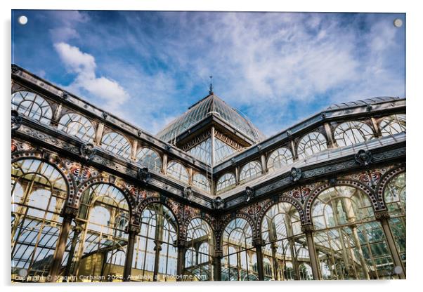 Exterior of the Crystal Palace in Madrid, a must for tourists, in the Retiro Park. Acrylic by Joaquin Corbalan