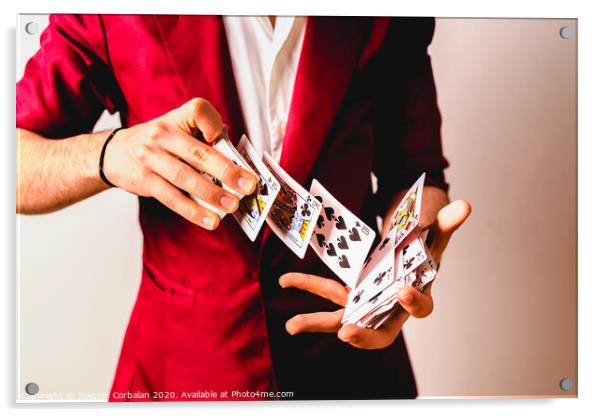 Hands of magician doing tricks with a deck of cards. Acrylic by Joaquin Corbalan