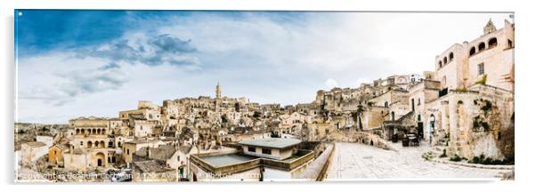 Long panoramic views of the rocky old town of Matera with its stone roofs. Acrylic by Joaquin Corbalan