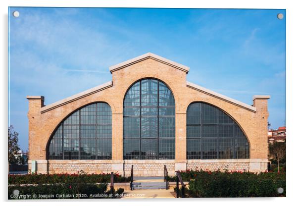 Valencia, Spain - December 30, 2019: Facade of the old train workshop factories in the Central Park of Valencia. Acrylic by Joaquin Corbalan