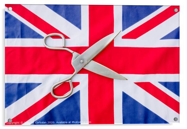 A woman cuts with scissors the British flag in protest. Acrylic by Joaquin Corbalan