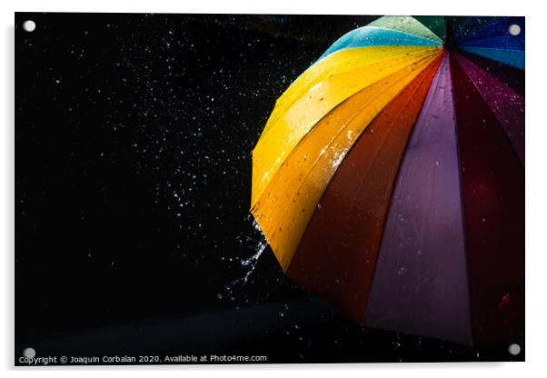 Rain on a warm-toned umbrella lit by the sun, isolated on black background with copy space. Acrylic by Joaquin Corbalan