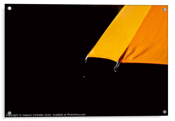 Multicolored umbrella under raindrops isolated on black as background. Acrylic by Joaquin Corbalan
