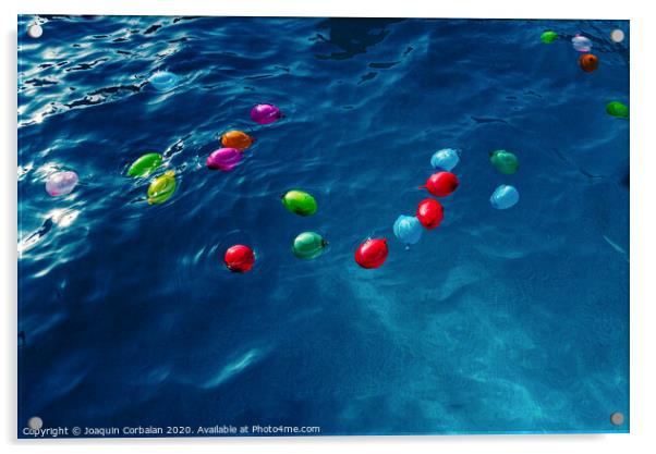 Colorful plastic water balloons floating in a pool to play on vacation to cool off. Acrylic by Joaquin Corbalan