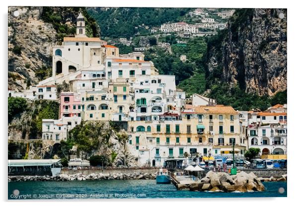 Sorrento, Italy - June 5, 2019: View from the sea of this picturesque Italian Mediterranean city, with old and colorful houses built on the side of a hill. Acrylic by Joaquin Corbalan