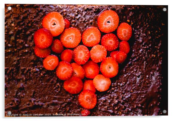 Sliced strawberry cut on a cake on a tray before baking it, with a heart shape. Acrylic by Joaquin Corbalan