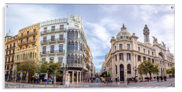 Facades of the buildings of the Plaza del Ayuntamiento de Valencia, on a Sunday, with streets cut to traffic. Acrylic by Joaquin Corbalan