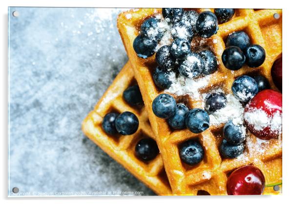 Close-up of a waffle with blueberries for breakfast during a vacation at a vegetarian restaurant. Acrylic by Joaquin Corbalan