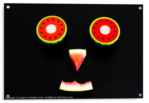 Composition of a funny face made with fruit, smile of a watermelon for summer diets. Acrylic by Joaquin Corbalan