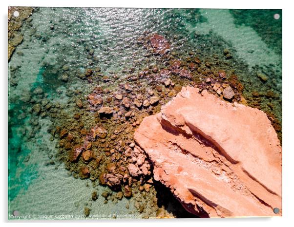 Aerial view of a natural rock jetty on the Mediterranean coast with transparent turquoise waters. Acrylic by Joaquin Corbalan