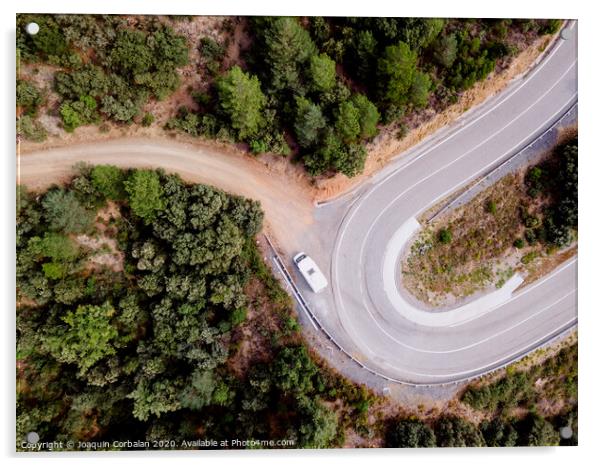 Aerial view of an adventure travel motorhome on a mountain road through a forest Acrylic by Joaquin Corbalan