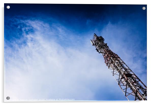 A tall modern communications tower provides telecommunications service to a city, negative space on blue background. Acrylic by Joaquin Corbalan
