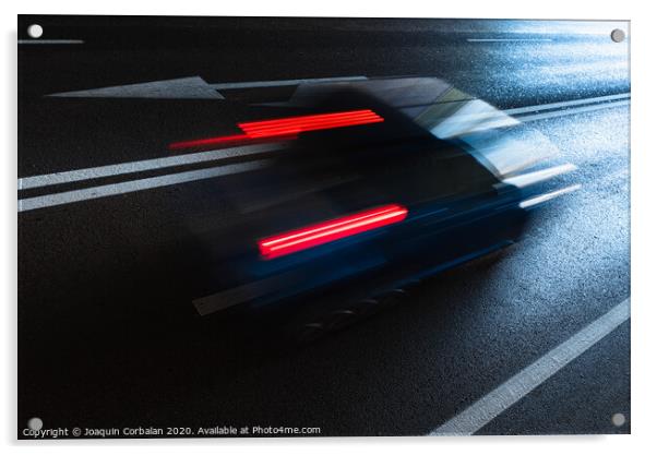 Car wake, swept, driving on fossil fuel on a dark city road. Acrylic by Joaquin Corbalan