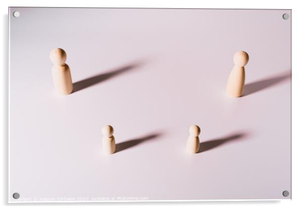 Representation of people keeping social distance, group of wooden figures on white background, Acrylic by Joaquin Corbalan