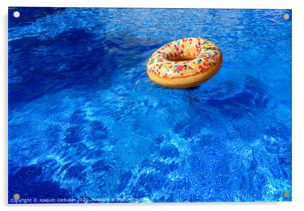 Detail with copy space of a round float in a pool with clean and refreshing waters, background with negative space for summer. Acrylic by Joaquin Corbalan