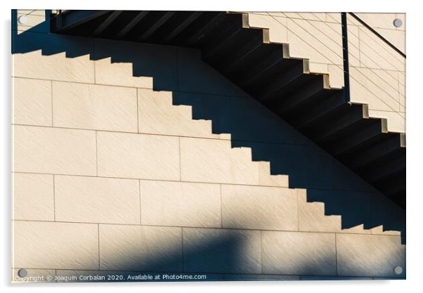 Minimalist wall with shadows from the upper steps of a modern stone staircase. Acrylic by Joaquin Corbalan