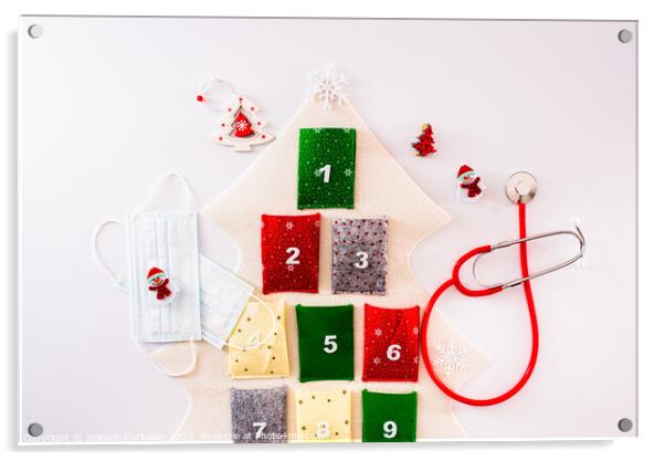 Traditional advent calendar protected with medical face masks, isolated on white background. Acrylic by Joaquin Corbalan