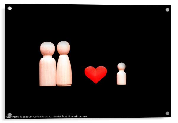 Wooden figures representing the love of the family, parents who  Acrylic by Joaquin Corbalan