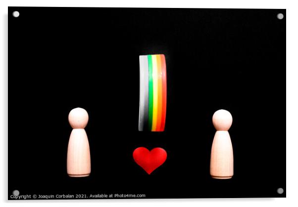 Wooden figures representing two lesbian women in love, with the  Acrylic by Joaquin Corbalan