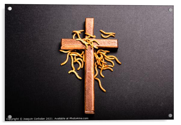 Christian wooden cross attacked by worms that rot the roots of C Acrylic by Joaquin Corbalan