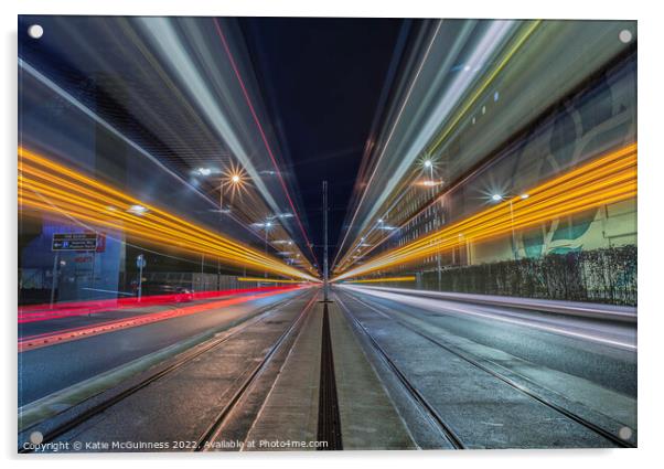 Passing light trails from 2 trams in Manchester Acrylic by Katie McGuinness