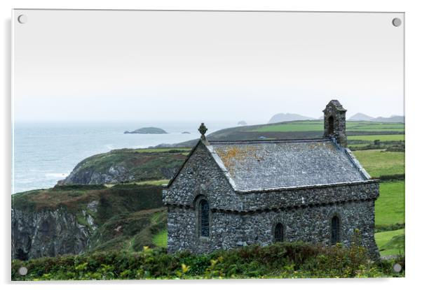 St Non's Chapel on the edge of a wild rugged coast Acrylic by David Wall