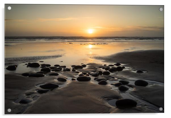 Sunset beach reflections at Westward Ho! Acrylic by Tony Twyman