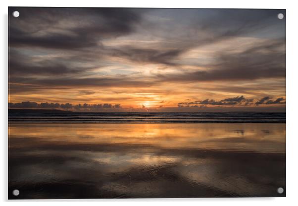 Moody sunset reflections at Westward Ho! Acrylic by Tony Twyman
