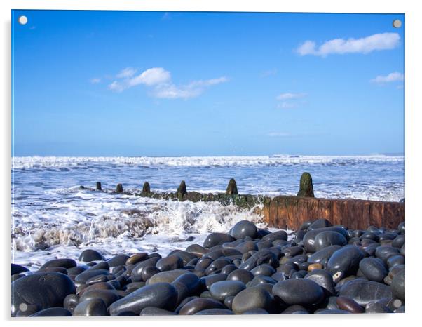 Weathered beach groynes at Westward Ho Acrylic by Tony Twyman