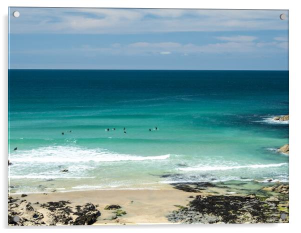 Surfers watching for waves at Little Fistral beach Acrylic by Tony Twyman