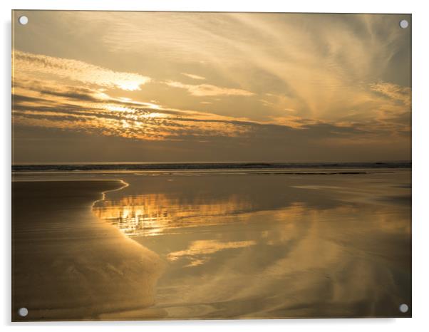 Westward Ho! reflective beach sunset in Devon Acrylic by Tony Twyman