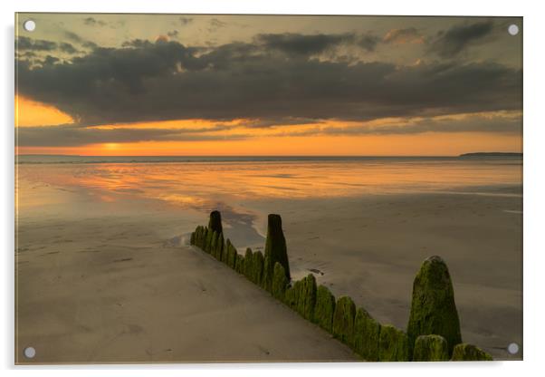 Westward Ho! sunset with weathered beach groynes Acrylic by Tony Twyman