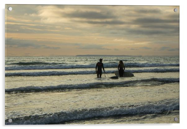 Sunset surfers at Westward Ho! in Devon Acrylic by Tony Twyman