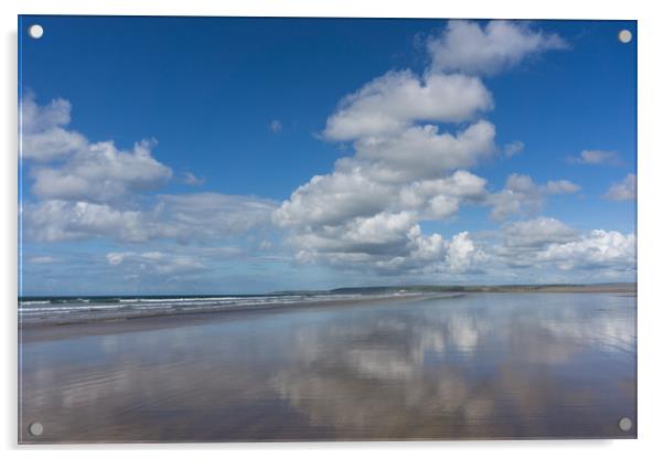Clouds reflecting on a deserted Westward Ho beach Acrylic by Tony Twyman