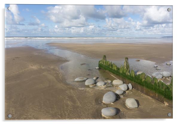Westward Ho beach groynes in Devon Acrylic by Tony Twyman