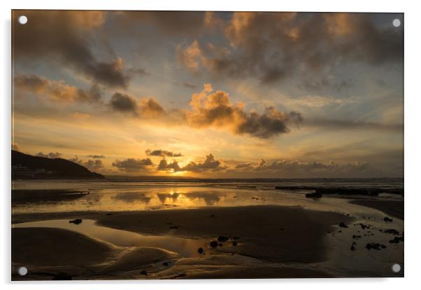 Golden sunset reflections at Westward Ho Acrylic by Tony Twyman