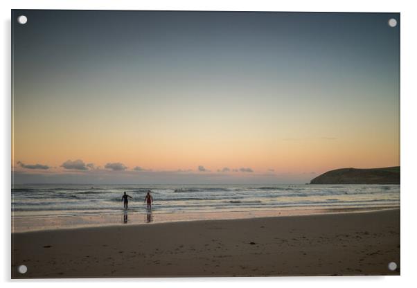 Croyde surfers at sunrise Acrylic by Tony Twyman