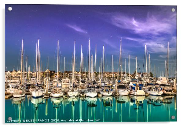 Sailboats moored on a peaceful bay at night. Acrylic by RUBEN RAMOS