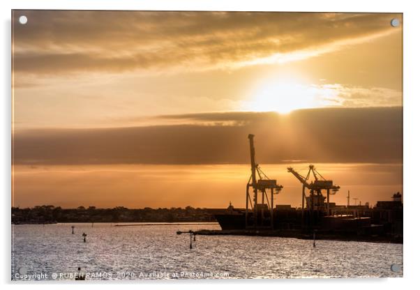 Ships and cranes silhouettes at the Melbourne Port Acrylic by RUBEN RAMOS