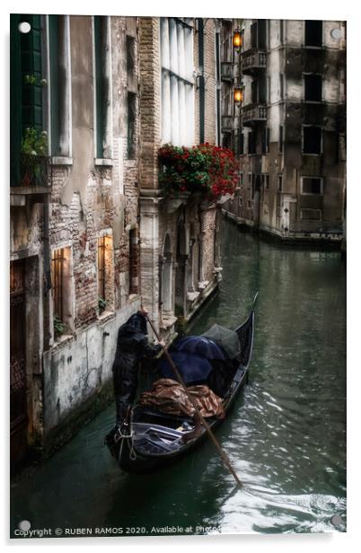 Man rowing a venetian gondola, Venice, Italy. Acrylic by RUBEN RAMOS
