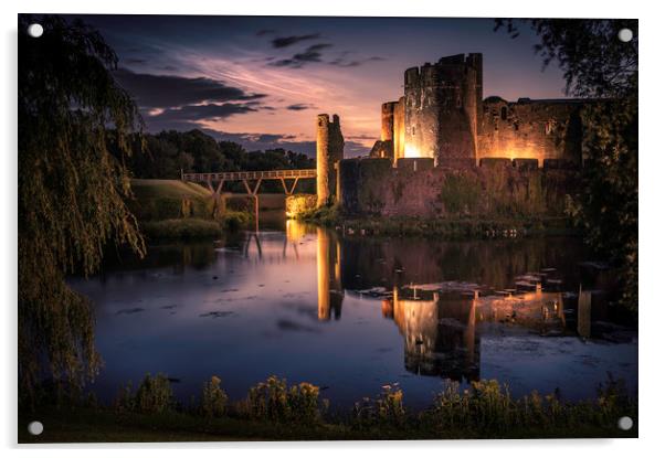 Caerphilly Castle with noctilucent clouds Acrylic by Warren Evans