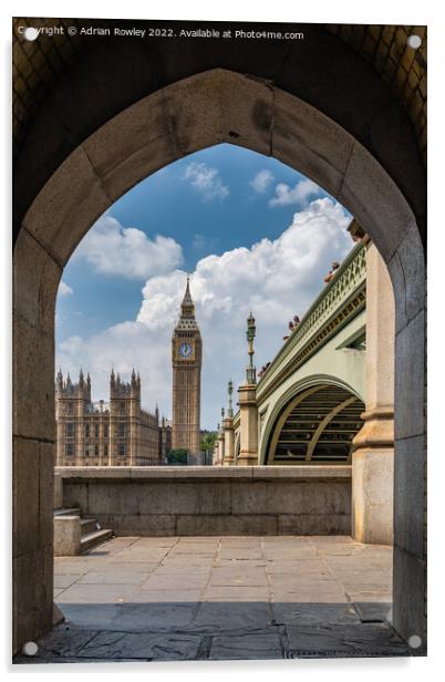 Elizabeth Tower and Westminster Bride from the South Bank of the river Thames. Acrylic by Adrian Rowley