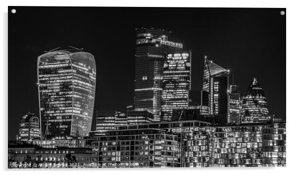 City of London Skyline at dusk in monochrome Acrylic by Adrian Rowley