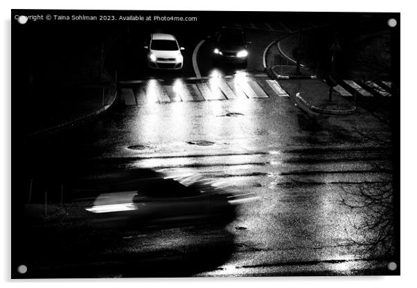 Cars in City at Night, Black and White Acrylic by Taina Sohlman