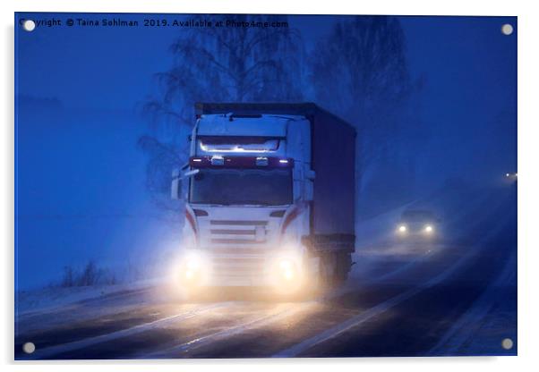 Truck Transport on Foggy Winter Night Watercolour  Acrylic by Taina Sohlman
